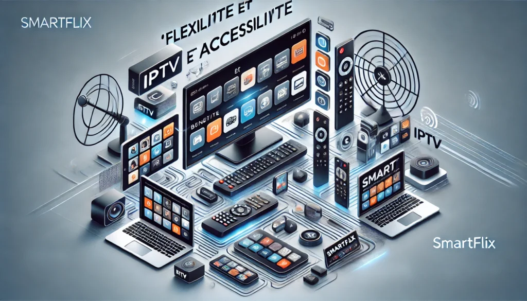 DALL·E 2025-02-24 12.27.24 - a modern and visually appealing image for an IPTV website gallery, illustrating the benefit of 'Flexibilité et accessibilité'. The image should featur